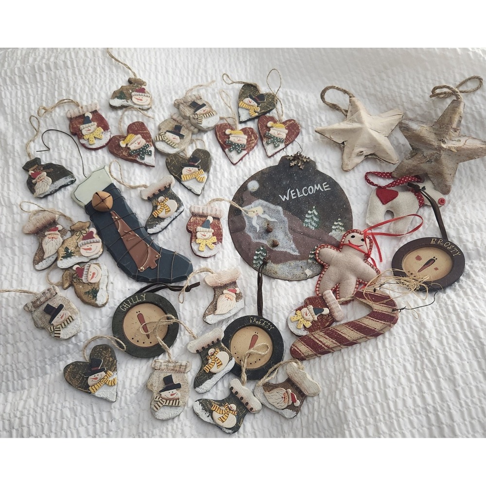 Vintage Rustic Christmas Ornament Lot Primitive Folk Art Snowman Santa 30pc